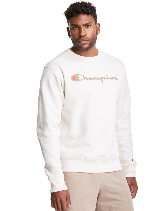 Champion Powerblend Fleece Crew Script Logo Erkek Sweatshirt Beyaz ( WCDYSU615 )